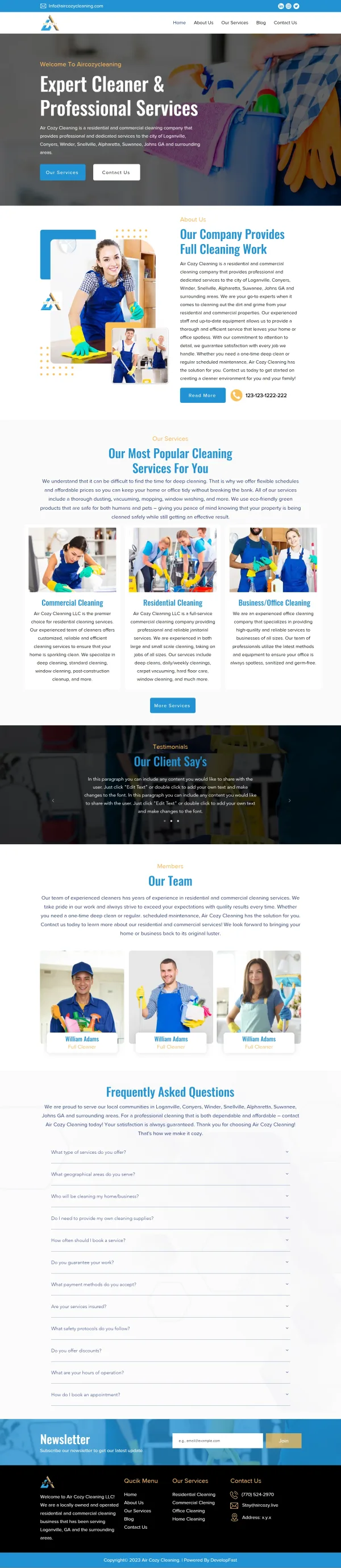 Air Cozy Cleaning — web design screenshot